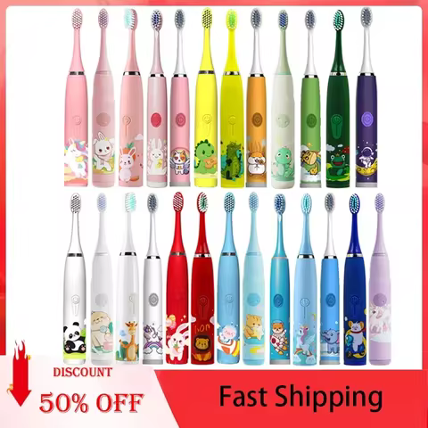 Cartoon Kids Electric Toothbrush Ultrasonic IPX7 Waterproof Rechargeable Sonic with Replacement Head for Children's Oral Care