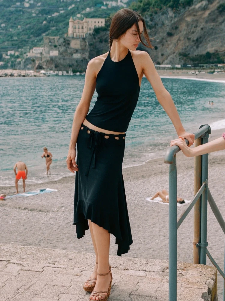 Women Black Midi Skirt Cut Out Waist Tie Up Bow Asymmetrical Ruffle Hem Skirt Gothic High Street Irregular Long Skirts