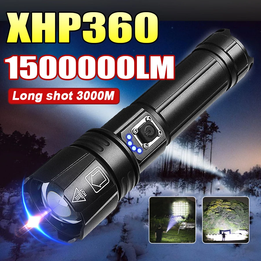 

Супер яркий светодиодный фонарик XHP360, перезаряжаемый через USB, тактический фонарик из алюминиевого сплава, водонепроницаемый фонарь IPX6 для кемпинга