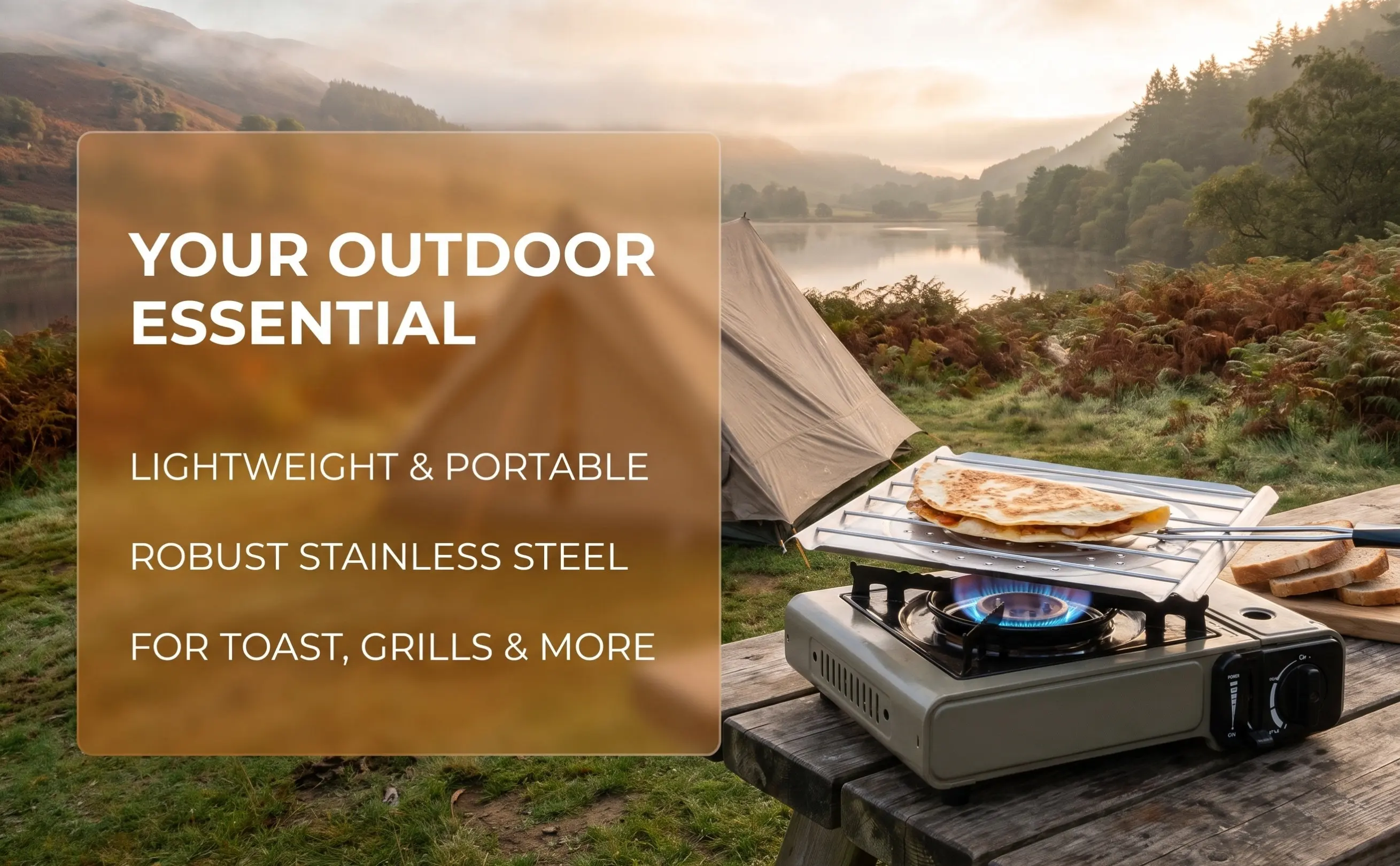 Camping Cooking Vegetables - 穴あきキャンプ用トースターラック。ガスコンロ用。グリルバスケット、パン、魚、肉、野菜を焼くのに使える。屋外調理用具。