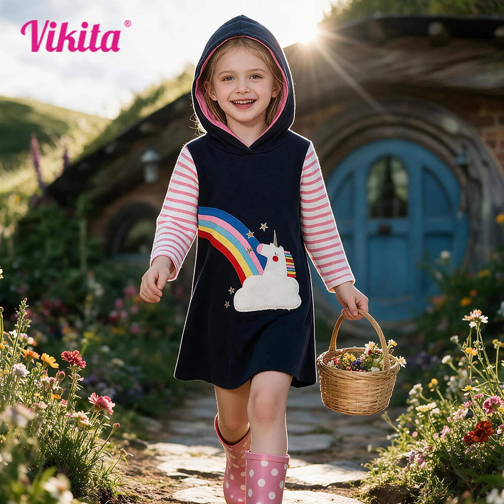 VIKITA Kleinkinder Hoodies Herbst Frühling Winter Gerade Kleid Kinder Einhorn Regenbogen Applizierte Gestreifte Straße Sport Baumwolle Kleider
