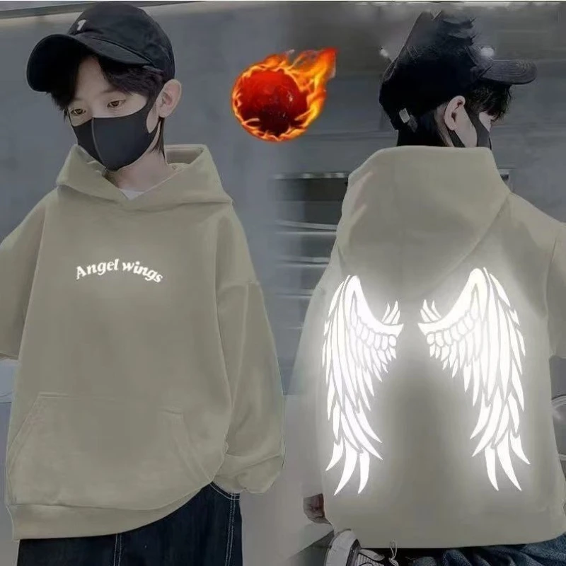 Sudadera con capucha para niños, estampado de alas de Ángel reflectantes, forro polar, jersey juvenil cálido de invierno, ropa deportiva informal para exteriores, Top para adolescentes