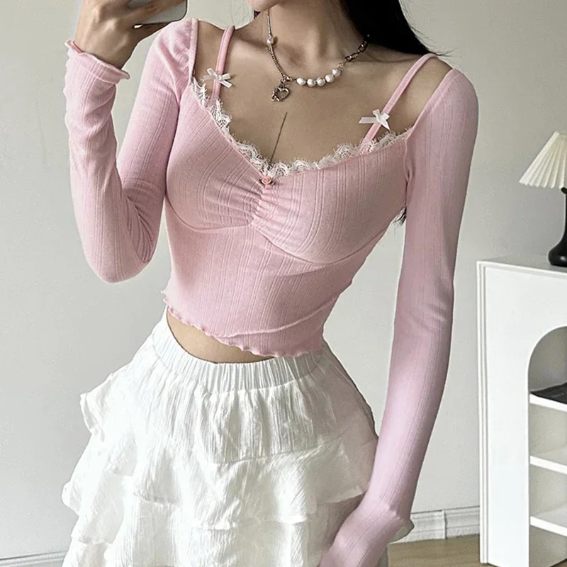 

2024 Sweet Lace Stitching V-neck Skinny Top Pink Coquette Aesthetic Slim-fit Long Sleeve Knitted T-shirts Cute Casual Tees