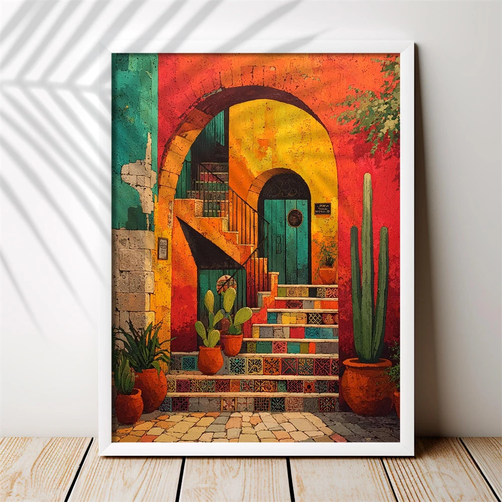 Póster de viaje con estampado de patio mexicano, arte de pared de arquitectura colorida, pintura en lienzo, decoración de par