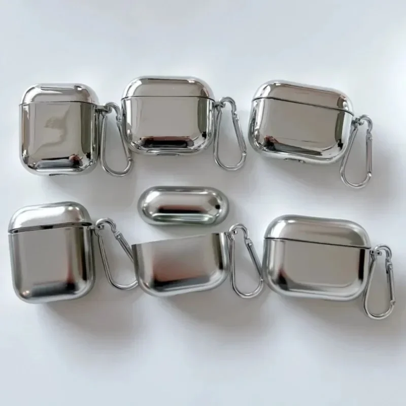 Casing Earphone Electroplate untuk Airpods 4 1 2 3, penutup pelindung untuk Apple untuk Airpods Pro 2 casing logam perak dengan kotak gantungan kunci