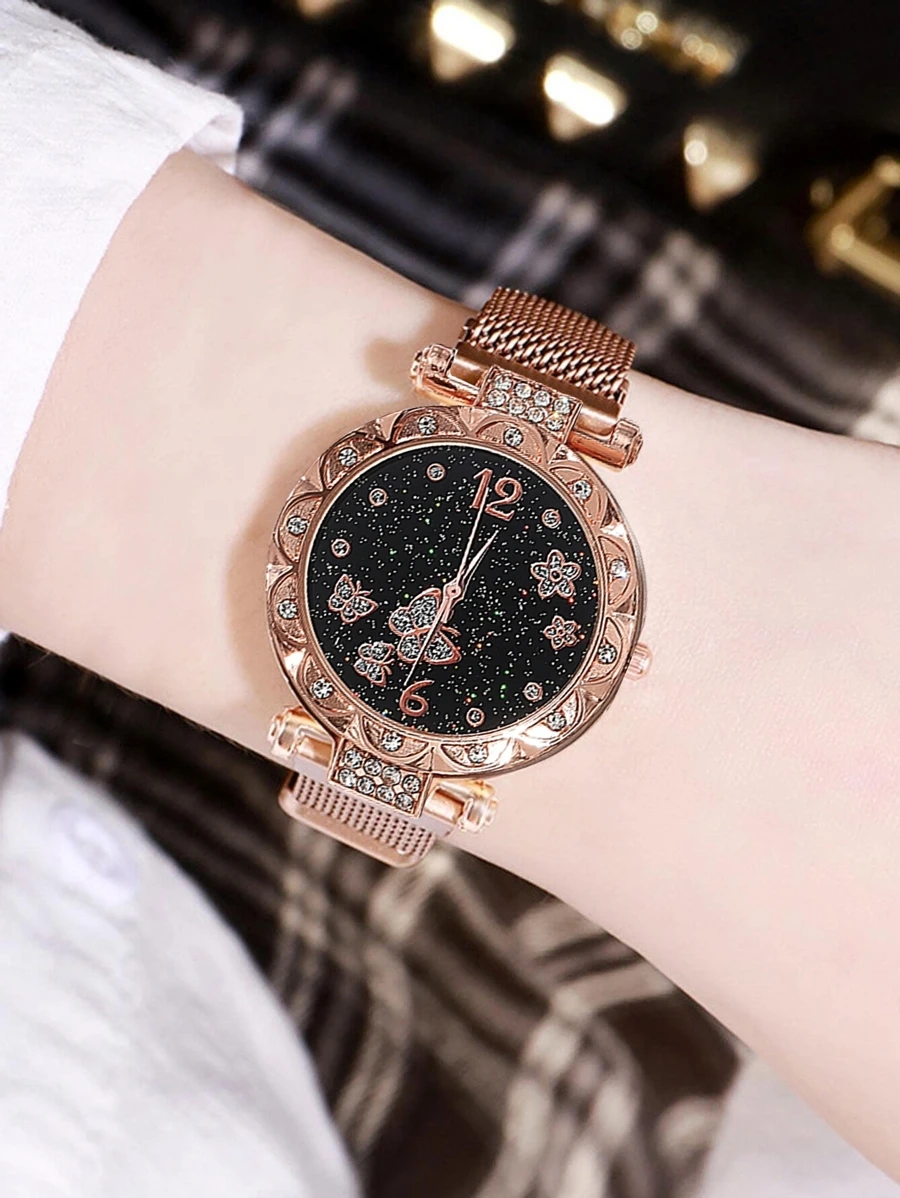 1pc Magnetic Buckle Round Quartz Watch For Women & 1pc Heart Shaped Bracelet Valentines
