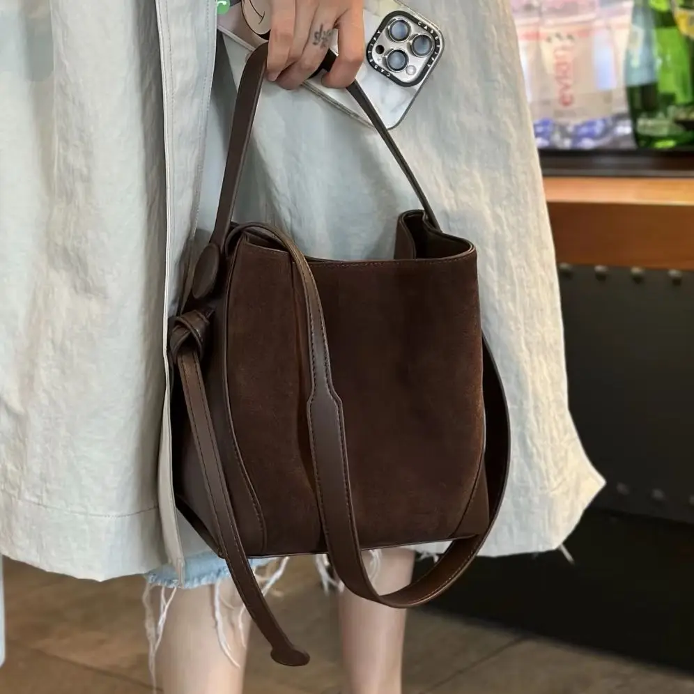 

Genuine Suede Leather Women's Shoulder Crossbody Buket Bag Luxury Designer Brand Soft Cowhide Female Tote for Woman High Quality