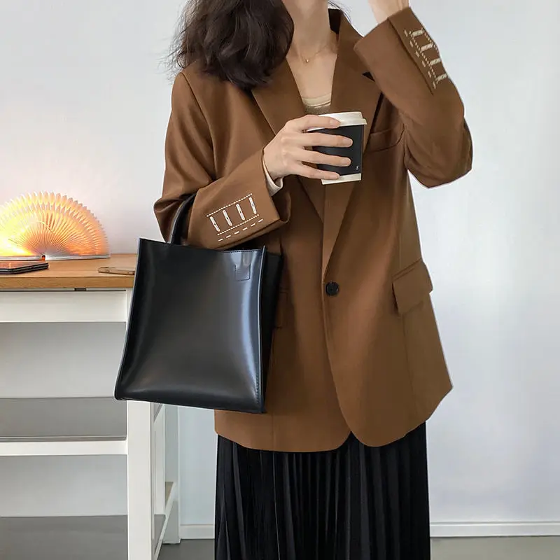 Women Office Lady Blazer Cuff Embroidery Wide Shoulder Twill Suit Women's Autumn Ladies Outerwear Stylish Loose Blazer Tops