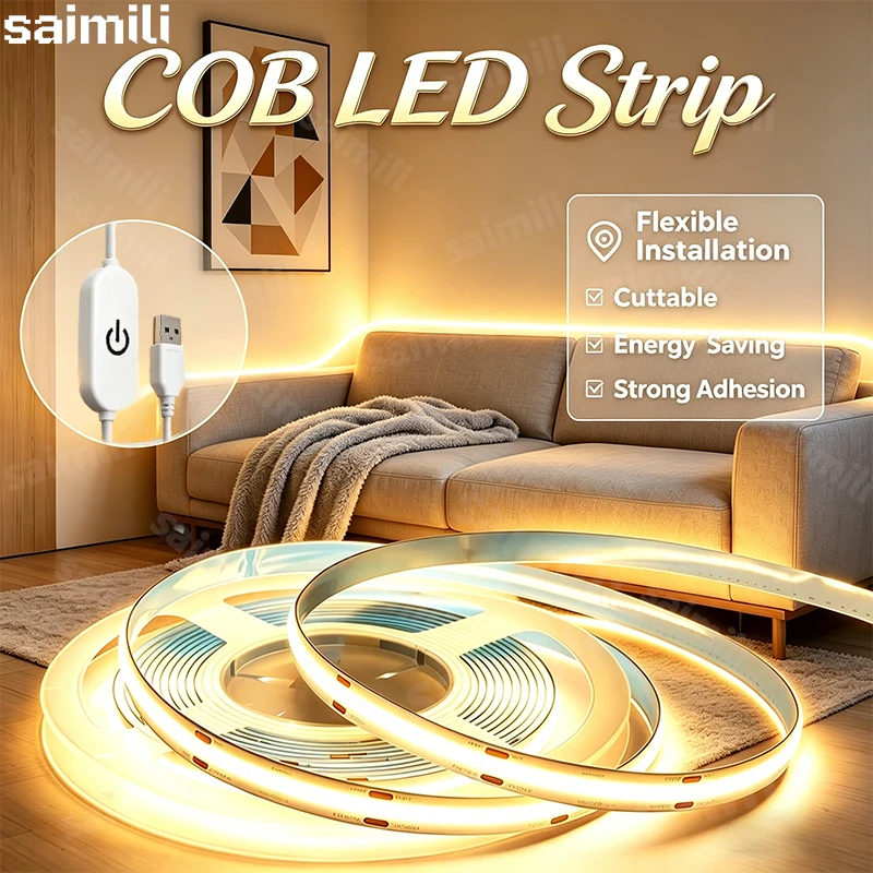 ไฟ LED แบบ COB 5V แถบไฟ LED แบบยืดหยุ่นได้ ใช้พอร์ต USB พร้อมเซ็นเซอร์สัมผัสหรี่แสงได้ สำหรับห้อง ทีวี ไฟแบ็คไลท์ ตู้  ไฟติดตู้แบบมีกาวในตัว