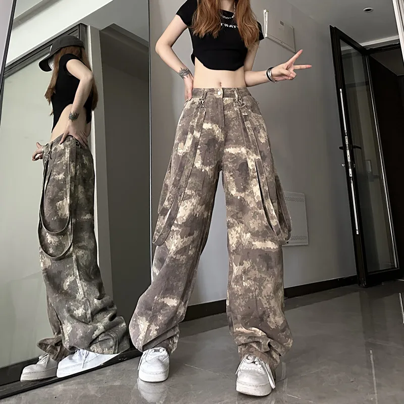 WCFCX STUDIO 2023 American Style Retro Street Camouflage Overalls Women Y2K Harajuku Fashion Cargo Pants Casual Loose Pants