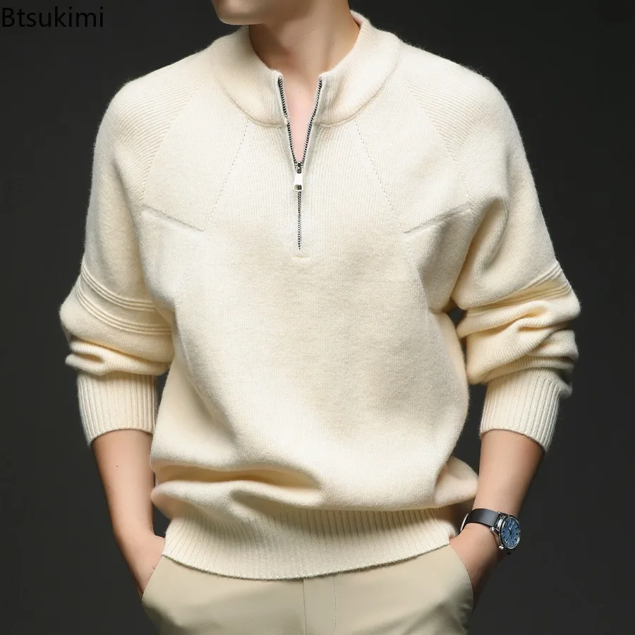 

Мужской свитер на молнии с полувысоким воротником, зимняя корейская версия, свободная вязаная куртка для мужчин, молодежная мода, повседневная трендовая куртка с воротником-стойкой
