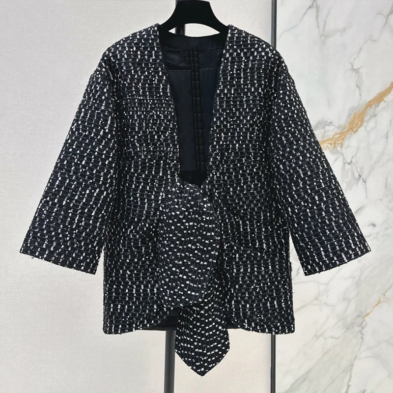 

High quality autumn new style women's retro heavy-weight sequin woven coat with elegant strap decoration clothing 25110784