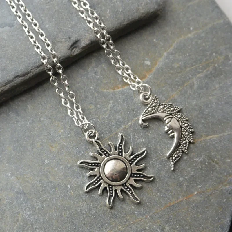 New Silver Color Sun And Moon Necklaces Chain Pair Of Celestial Best Friends Gift For Friend Long Necklaces Pendants Men Women