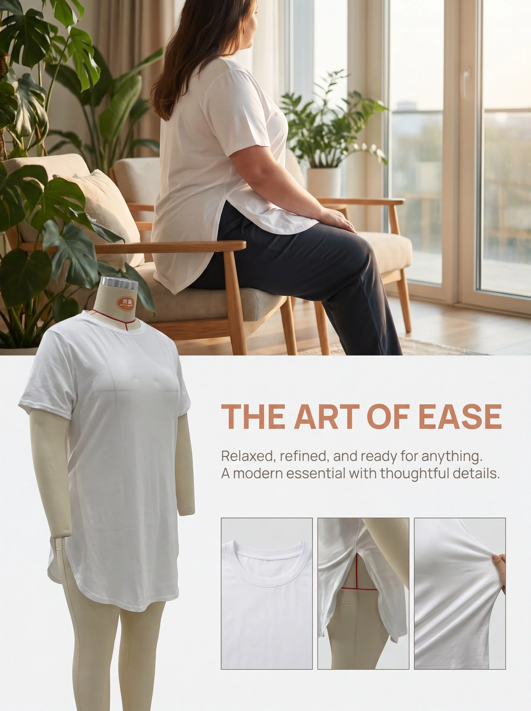 Gadinus Plus Size Damen-T-Shirt in Weiß, lockere Passform, kurzärmelig, seitlich geschlitzt, lässiges Oberteil – Detail 2