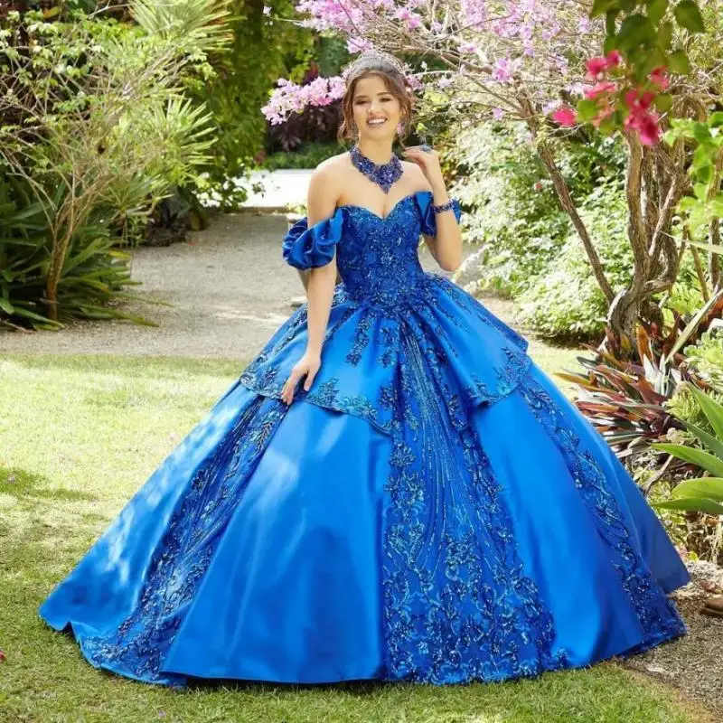 

Royal Blue Quinceanera Dress 2024 Ball Gown Lace Appliques Beaded With Jacket Mexican Sweet 16 Dresses 15 Anos