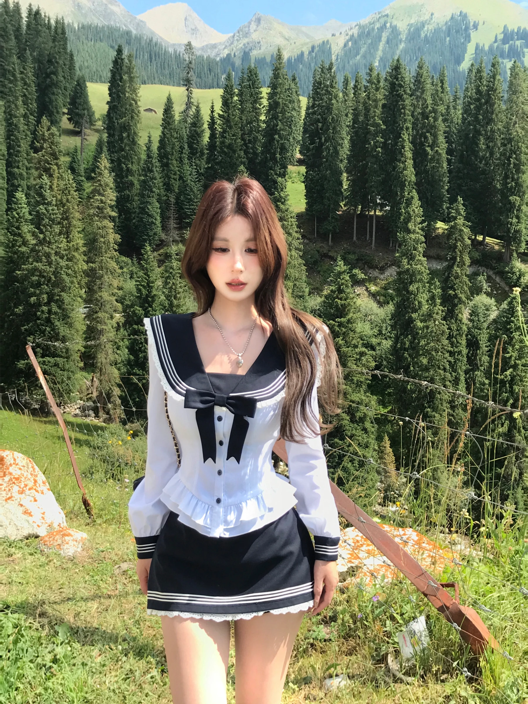 

Mejiu Honey Nine College Sle Women's irt Long Sve Navy Collar Waist Cinched Sweet Girl Autumn Top Knot Splice