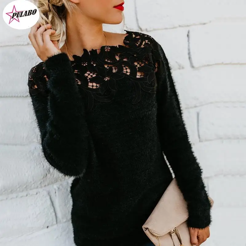 PULABO Sexy Black Lace Women Hollow Sweaters Long Sleeve Pullover Tops Sweater Ladies O Neck Jumper Hollow Out Knitwear