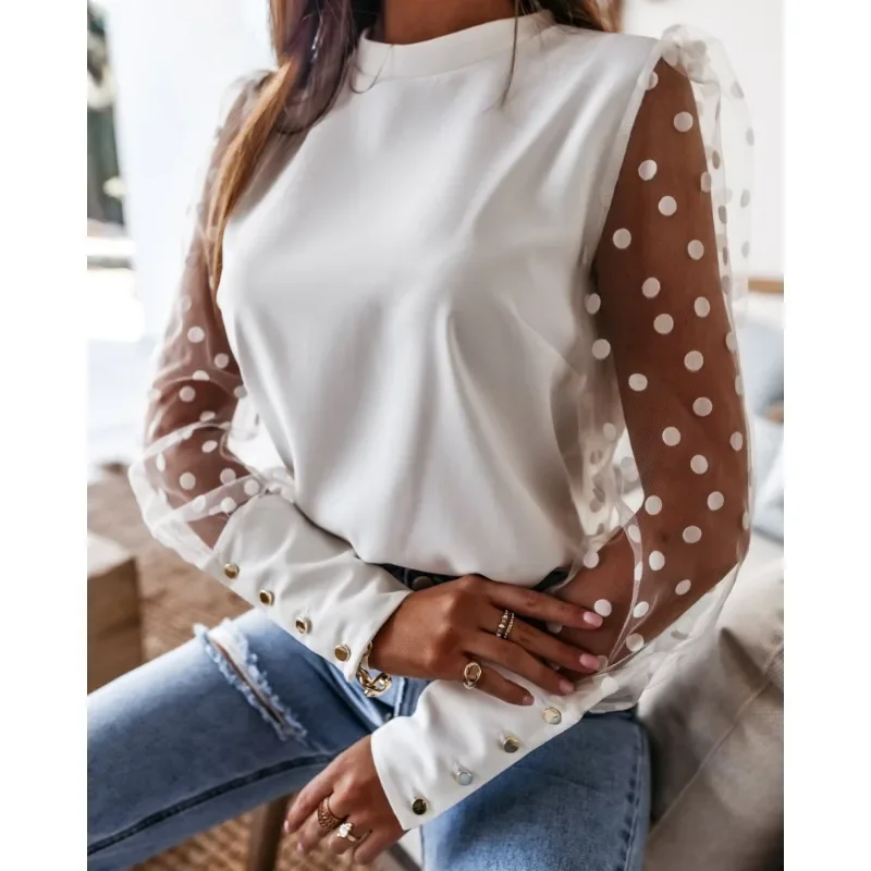 Women\'s S-2XL size Shirt/chiffon Shirt Fashion Stand Up Collar Solid Color Lace Dot Long Sleeved Commuting Chiffon Shirt