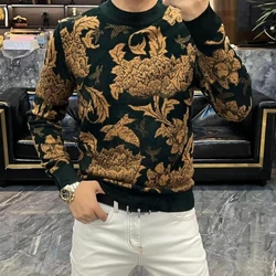 Autumn and Winter Men's Base Shirt Trendy Cool Hoodie Retro Fashion Pattern Printed Long Sleeved T-shirt for Men