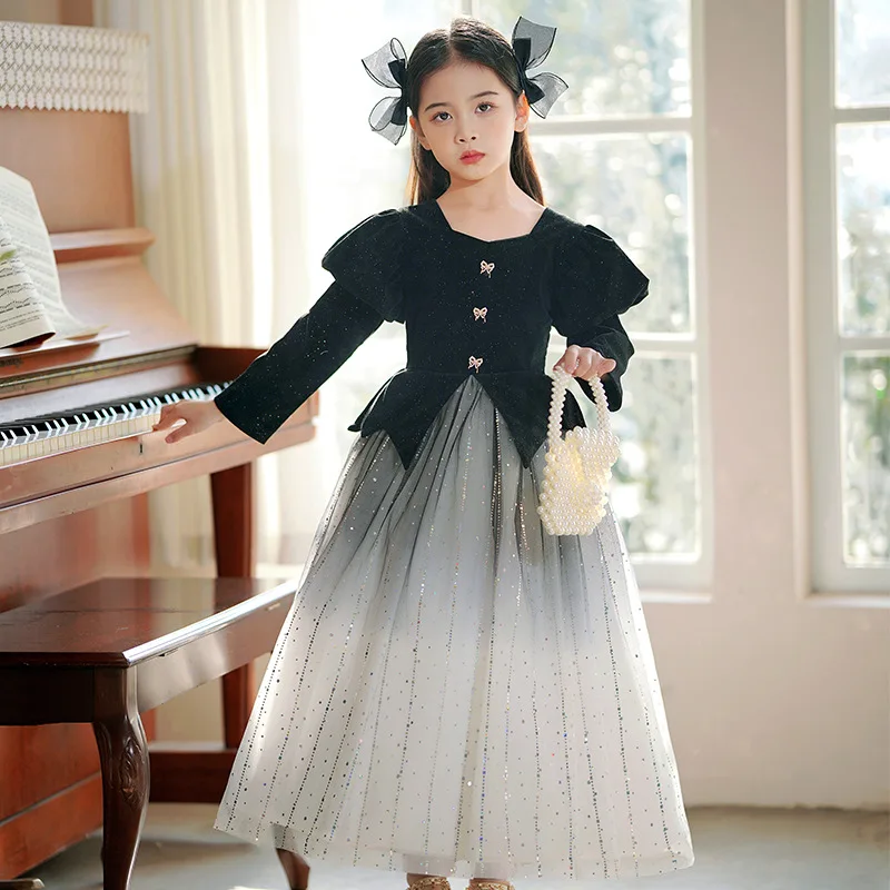 Children's Dress Light Luxury Niche High-end Princess Dress Girls' Little Host Piano Performance Dress Autumn Winter Dress