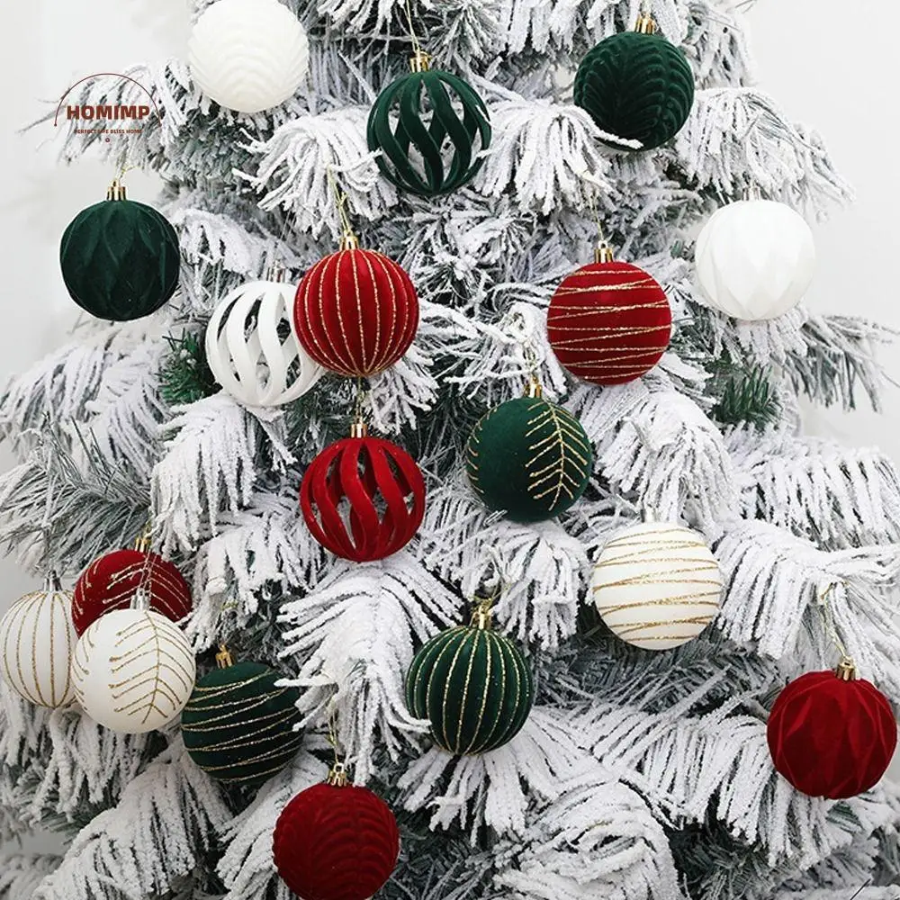 

12pcs 6cm Flocking Christmas Balls Set White Red Green Plastic Painted Christmas Pendant Ball Festival Cartoon
