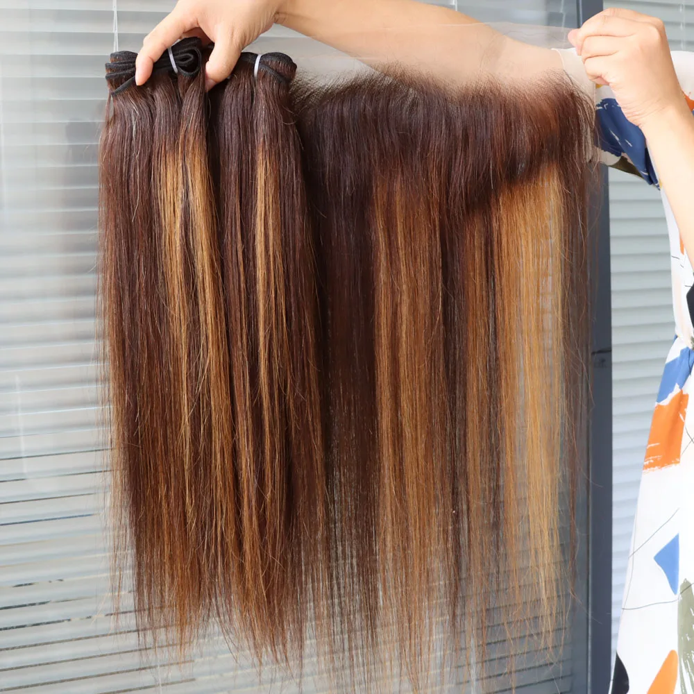 الجملة البرازيلي الإنسان عذراء الشعر لحمة حزم مستقيمة مع تسليط الضوء الأمامي إغلاق الدانتيل # 2 بني # 30 أشقر