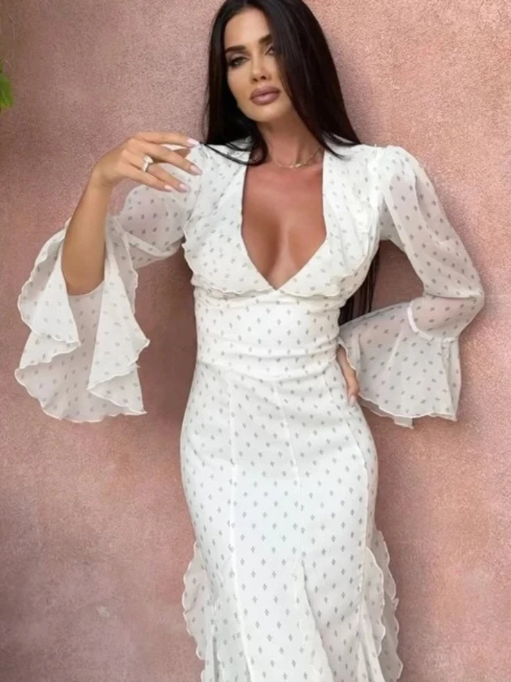 

Tossy Polka Dot Flared Sleeve Dress, Women's Elegant High-Waist Maxi Dress with Flounced Hem, Slim Spring Party Gown