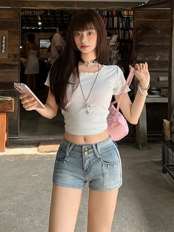 

Sexy American Style Low Waist Denim Shorts Women's Summer New Vintage Sexy High Street Nail Hot Pants Tight Fit Cotton Blend