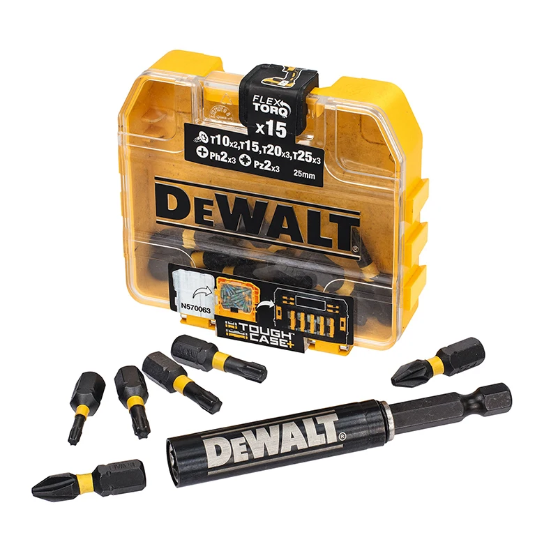 DEWALT Extreme DT70577T Flex Torq 25mm Impact Screwdriver Bit Set 15PC PH/PZ/Torx Bits With Tough Case & Magnetic Bit Holder