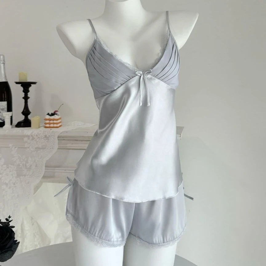 

Комплект женской атласной пижамы с V-образным вырезом и кружевом, 2 предмета: сексуальный топ на бретельках и брюки, для сна и отдыха
