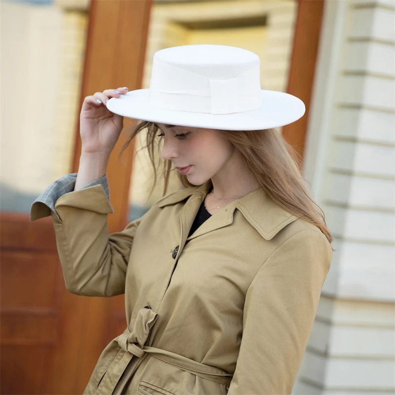 100% Wool White Autumn Winter Fedora Hat Wide Brim Flat Top Felt Hat Church Panama Hat