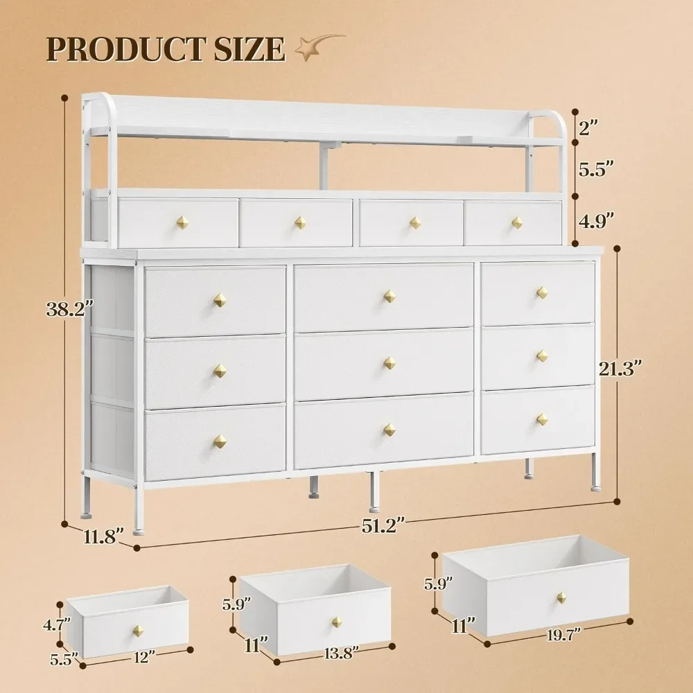 Cômoda com 13 gavetas e luzes LED, cômodas e cômodas longas, gaveta e prateleiras de tecido, cômoda de quarto