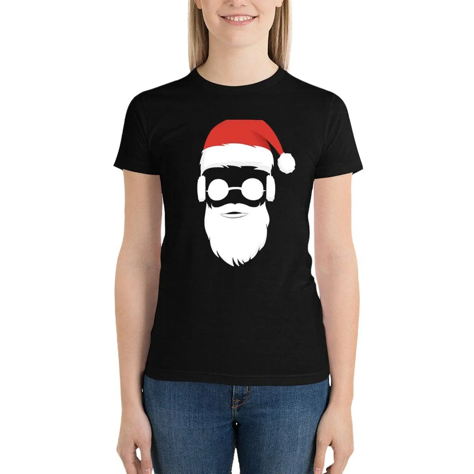 Cool Hipster Papai Noel Beard Óculos de sol e fones de ouvido, Animal Print T-shirt para meninas e mulheres, Presente Tees