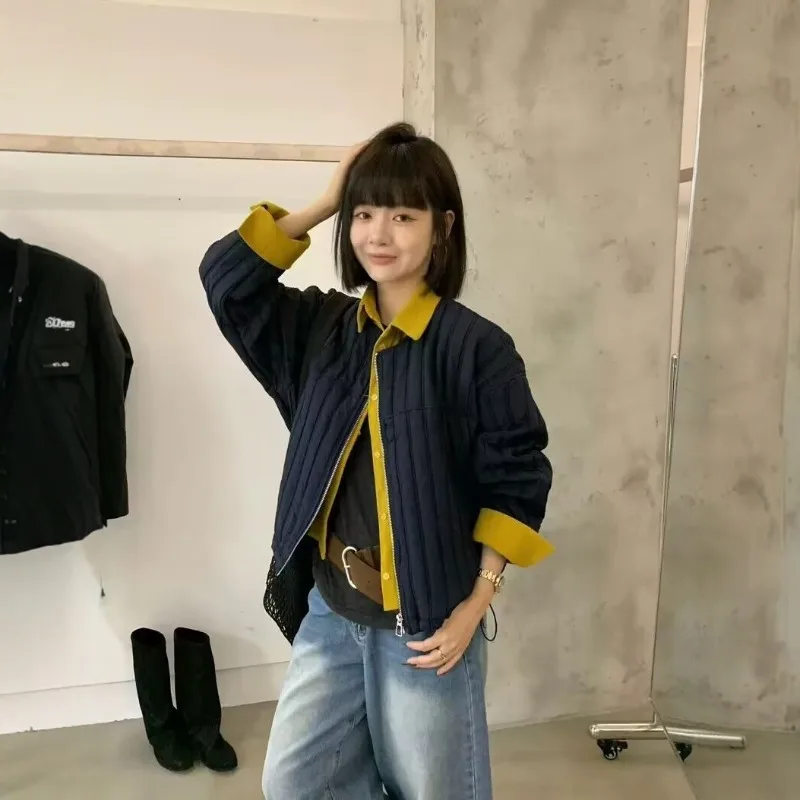 

2025 Autumn/Winter O-Neck Women Jacket Version Contrasting Color Slimming Fake Two-piece Thin Cotton Women Clothing