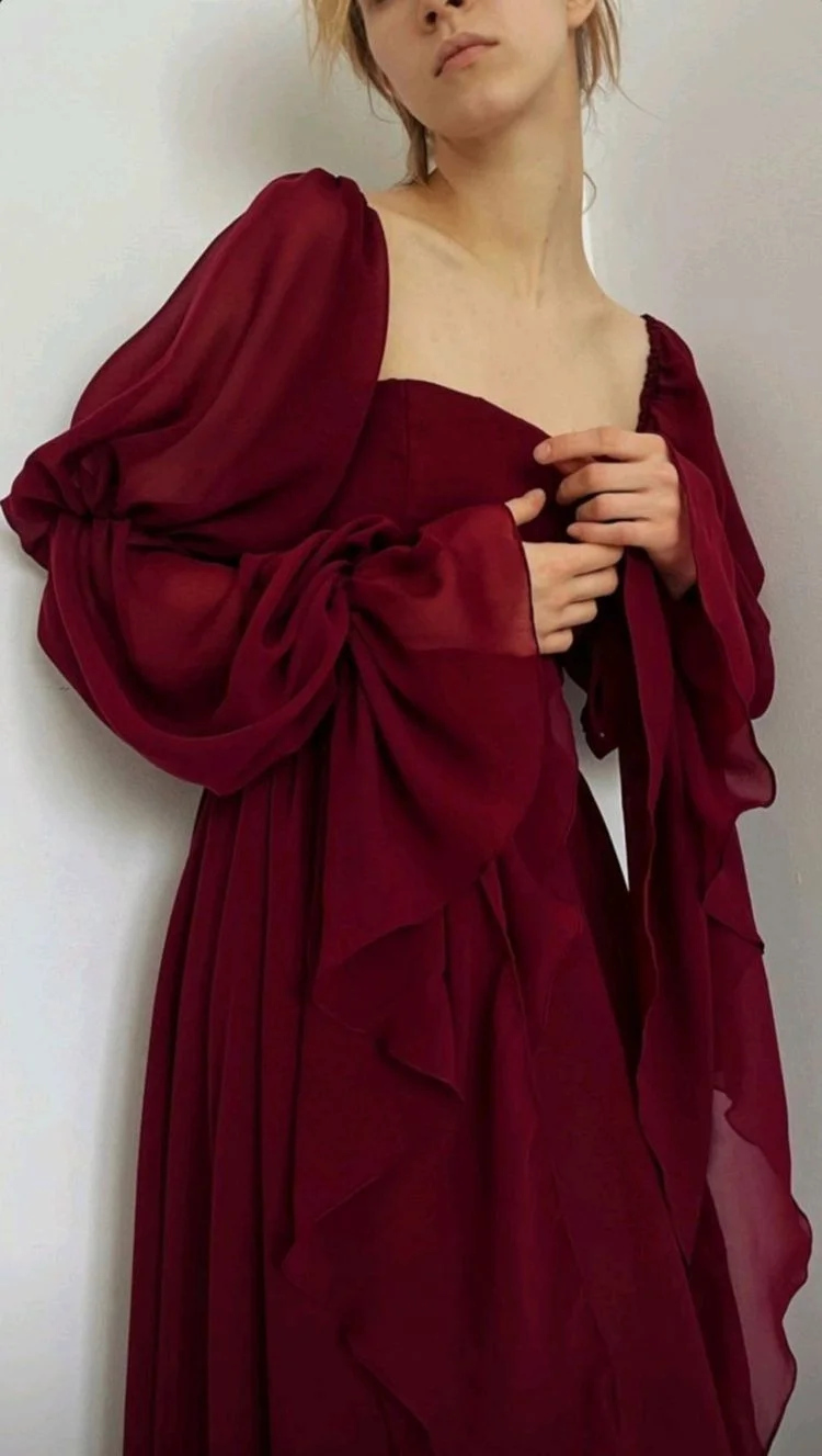 Sapmine-vestido de tul con escote cuadrado para mujer, prenda elegante de manga larga, corte en A, hasta el suelo, con volantes, color rojo, Formal, para fiesta de graduación