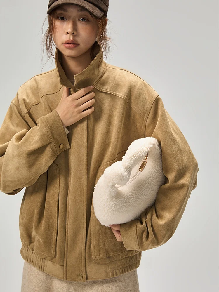 เสื้อแจ็คเก็ตหนังกลับเทียมแบบลำลอง ความยาวสั้น ทรงหลวม ดีไซน์ปกเสื้อแบบลา펠 เสื้อคลุมสำหรับผู้หญิงวัยรุ่น สวมใส่ได้ทุกวัน ปิดด้วยซิป