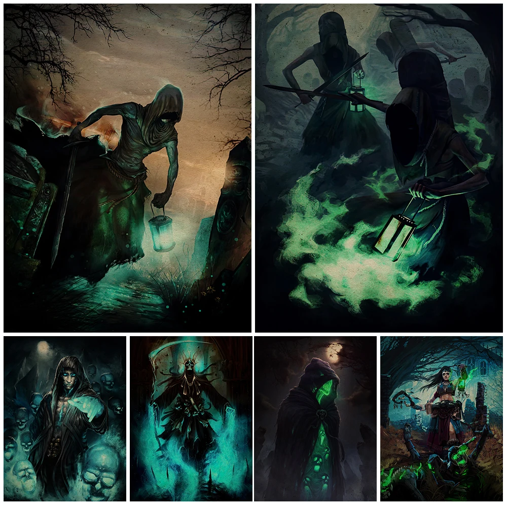Necromancy Of The Wizard Vintage Wall Art Canvas Painting Ghost Of Hell With Lantern Art Poster And Print For Living Room Decor