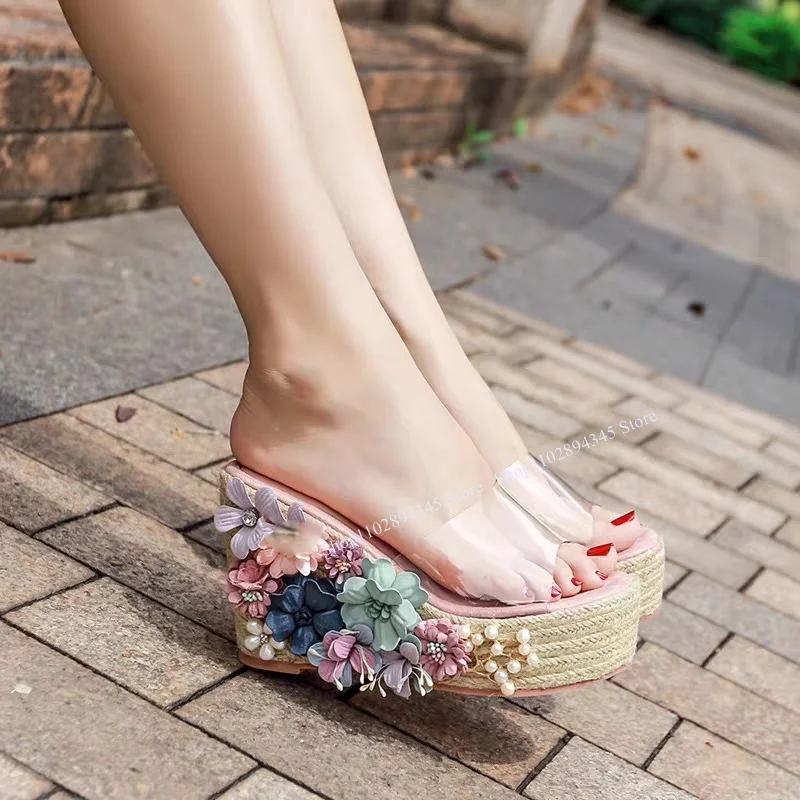 Clear PVC Flower Platform Slippers Peep Toe Slip On Western Fashion Sexy Novel Style Summer 2023 Woman Shoes Zapatillas Mujer