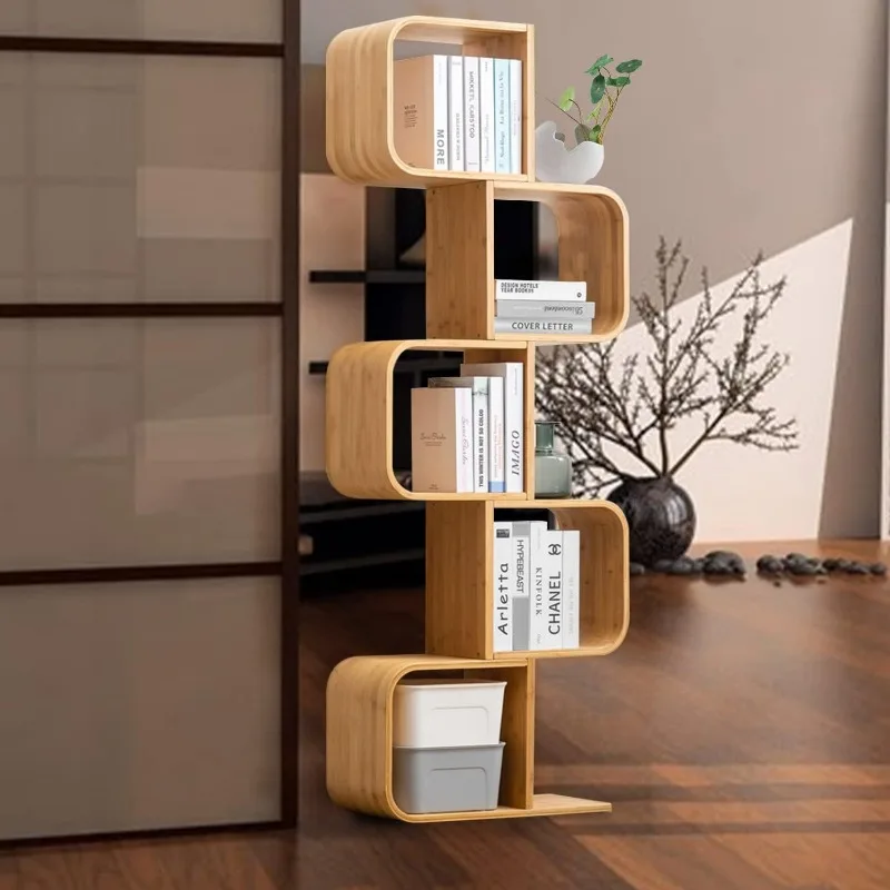 

5-Tier S-Shaped Geometric Modern Bamboo Bookshelf, Large Capacity Creative Display Curved Rack Free-Standing Bedside Table