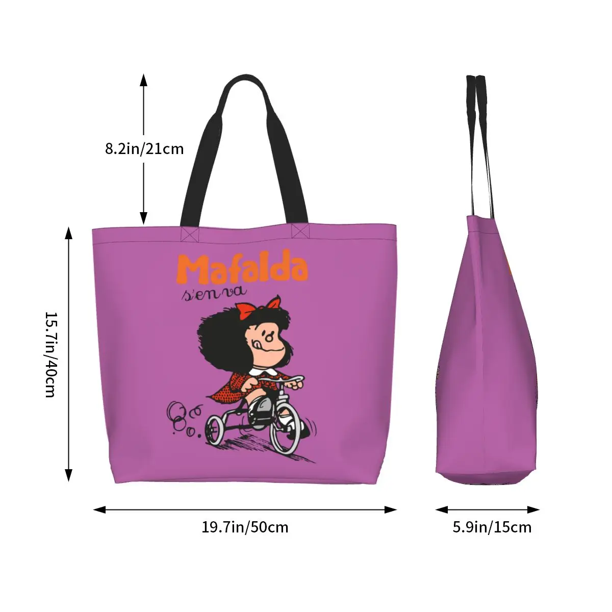 Custom Kawaii Mafalda Riding A Bike Shopping Canvas Bags Recycling Large Capacity Grocery Quino Comic Cartoon Tote Shopper Bag