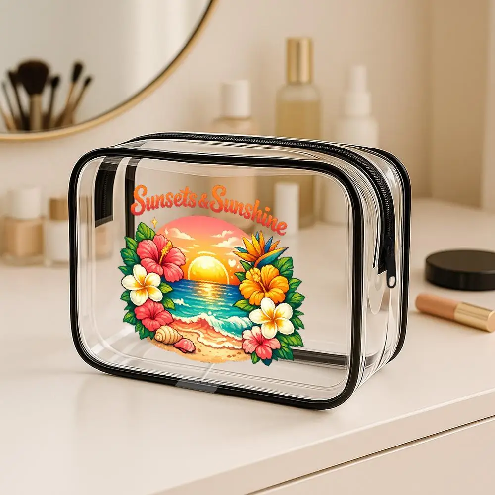 Toilet Bag Hibiscus Beach Sunset Clear PVC Zipper Makeup Bag Vibrant Tropical Design With Black Trim Portable Spacious Cosmetic