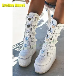 Love Metal Buckle Platform Mid Calf Boots Round Toe Wedges Belt Buckle Sequined Cloth Punk Modern Boots Spicy Girl 2025 Newest