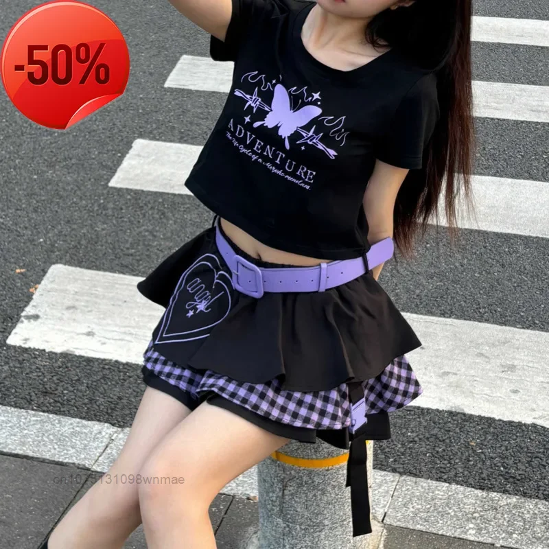 

Y2k Millennium Pleated Cake Skirts Spicy Girl Love Print Splicing Short Half Skirt New Trend Design Korean Girl Group Dresses