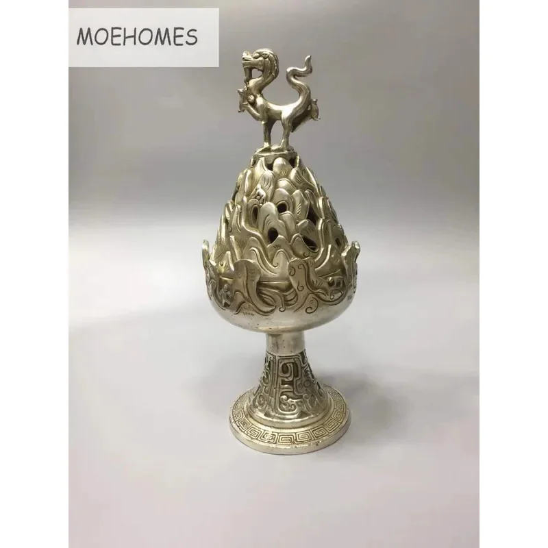 MOEHOMES Decorated antique Tibet Silver dragon Pine tree statue censer home decoration metal handicraft incense burne