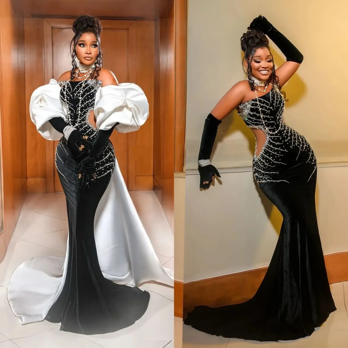 Gaun Malam Model Mermaid Beludru Hitam Mewah dengan Kristal, Tanpa Tali, Lengan Gelembung Lepas Pasang