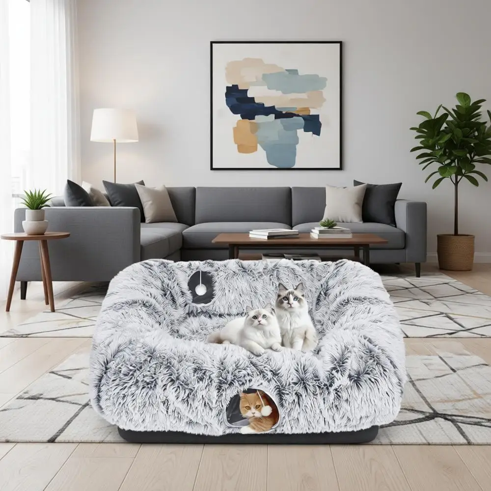 

Extra Large Cat Tunnel Bed, 4 Ways Tunnels, Multi-Cat Family Cat Bed & Cave, Plush Cat Donut with Washable Fleece Mat, Exit Ball