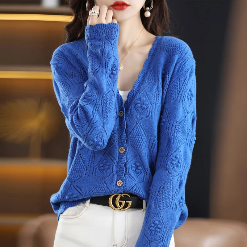 Autumn and winter new 100% pure wool knitted cardigan women\'s new coat openwork cashmere sweater knit sweater V-neck top women