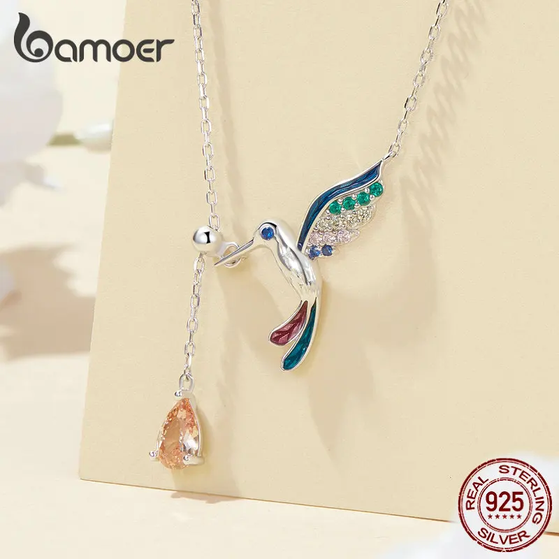 Bamoer 925 Sterling Silver Enamel Process Hummingbird Pendant Necklace Bird Neck Chain for Women Birthday Gift Fine Jewelry