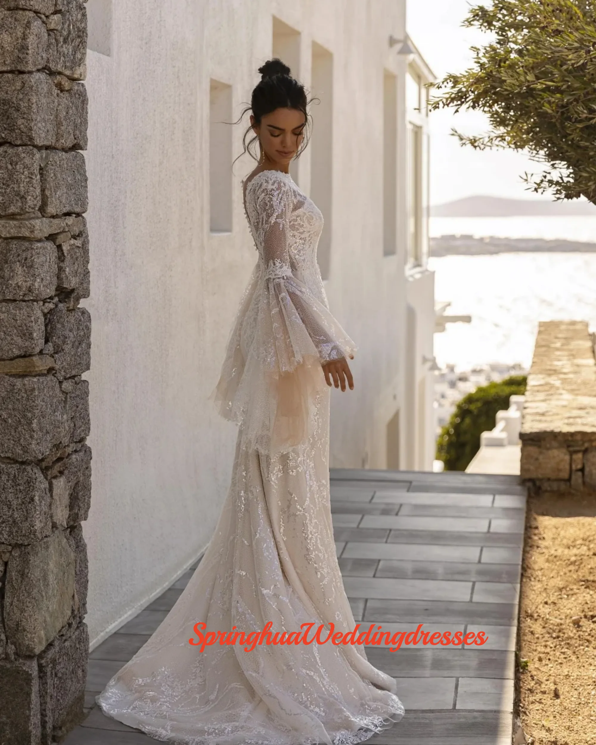 Customzied NewShiny Beaded Wedding Dress Dreamy Flare Sleeve Bridal Gown Elegant Mermaid Long Dresses For Bride
