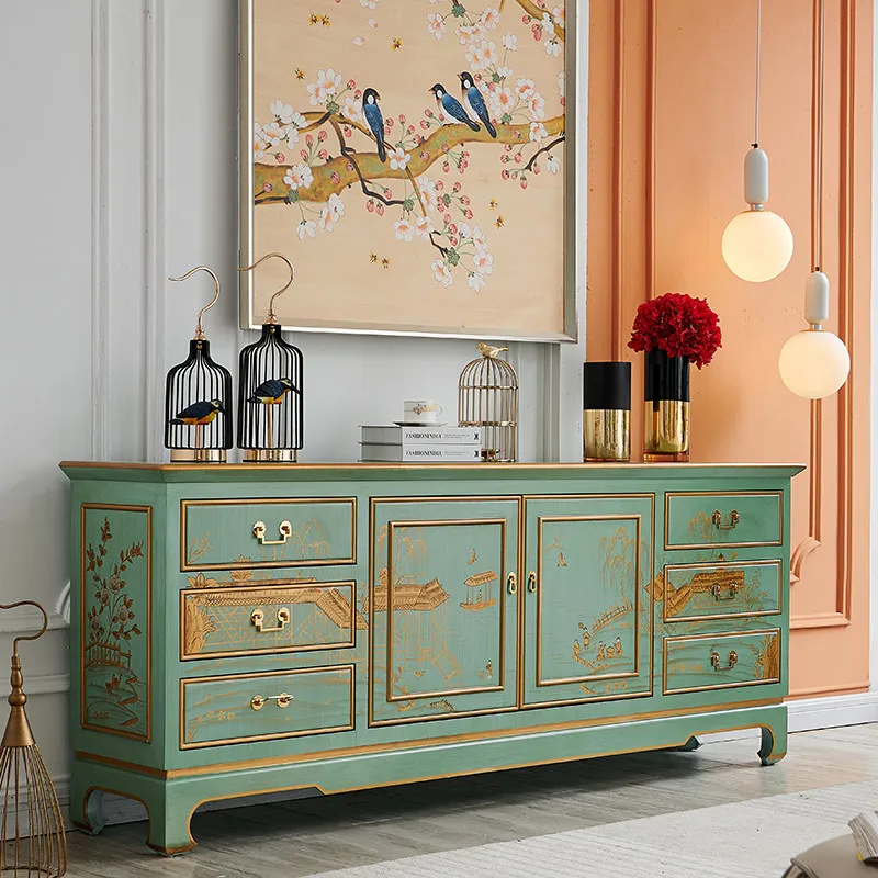 Retro green living room solid wood TV cabinet luxury painted entrance dining side cabinet